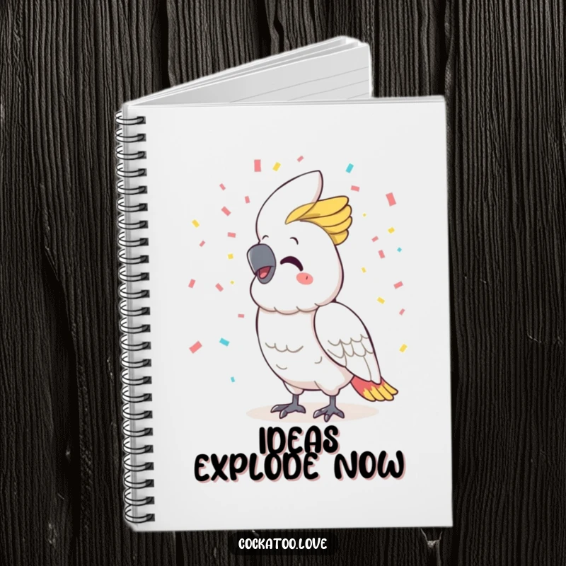 Funny cockatoo notebook, big smile, joyfully showering confetti, ideal for capturing celebratory plans and bright ideas.