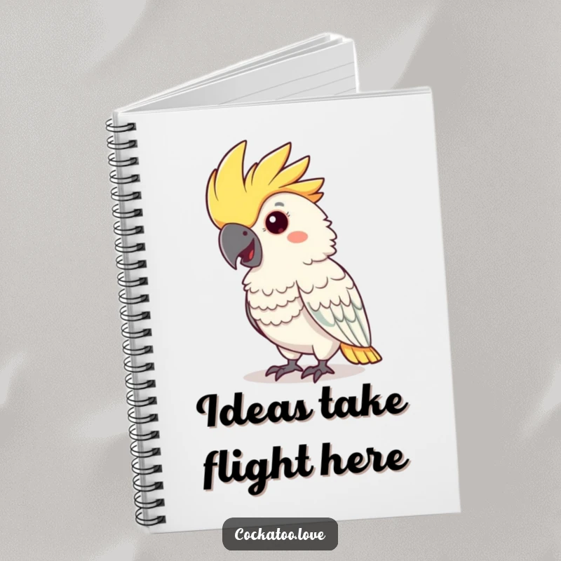 Funny cockatoo notebook with a cheerful, nodding bird and vibrant crest, great for notes.