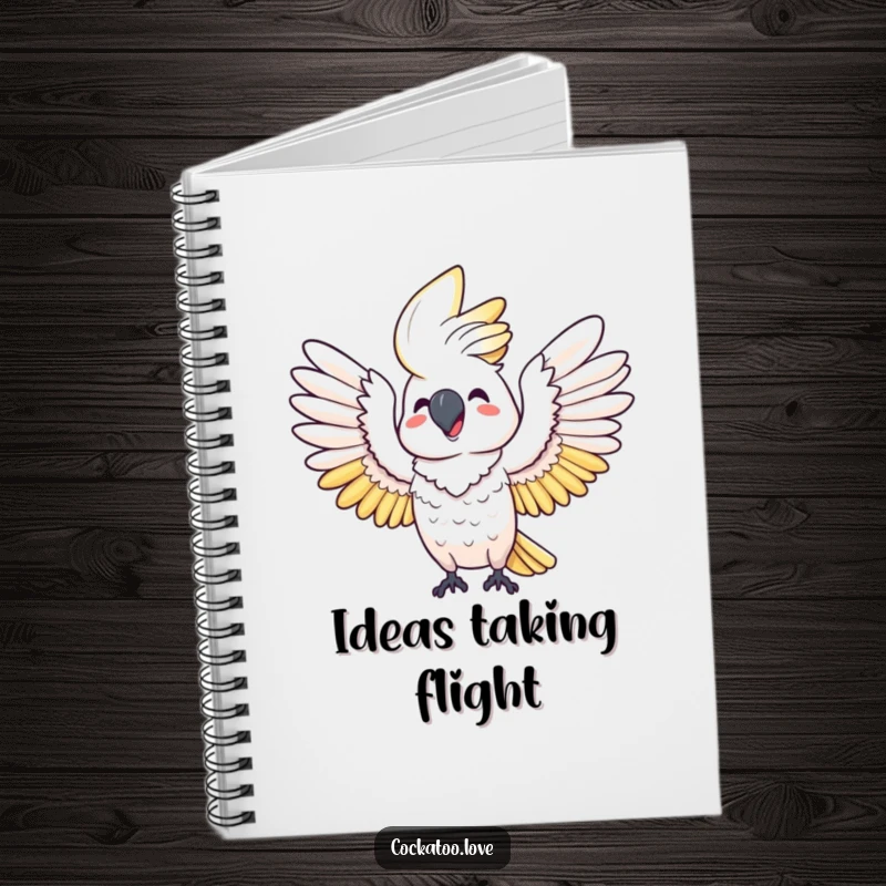 Funny notebook: A happy cockatoo joyfully stretches its wings wide, offering a humorous and inspiring companion for writing.