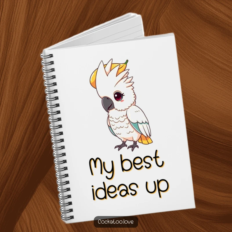 Funny notebook cover showing a determined cockatoo with a focused gaze, balancing a large fruit on its head.