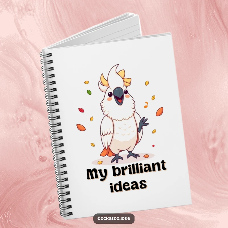 Funny cockatoo notebook showing a happy bird juggling colorful seeds, great for jotting down notes.