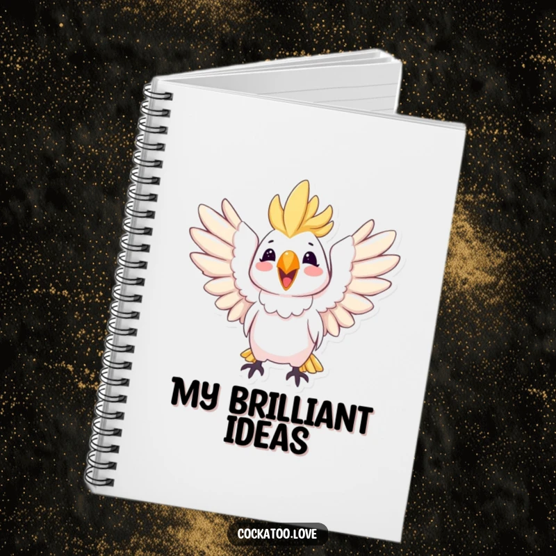 Funny notebook with a joyful cockatoo character spreading its wings wide, ideal for jotting down happy thoughts.