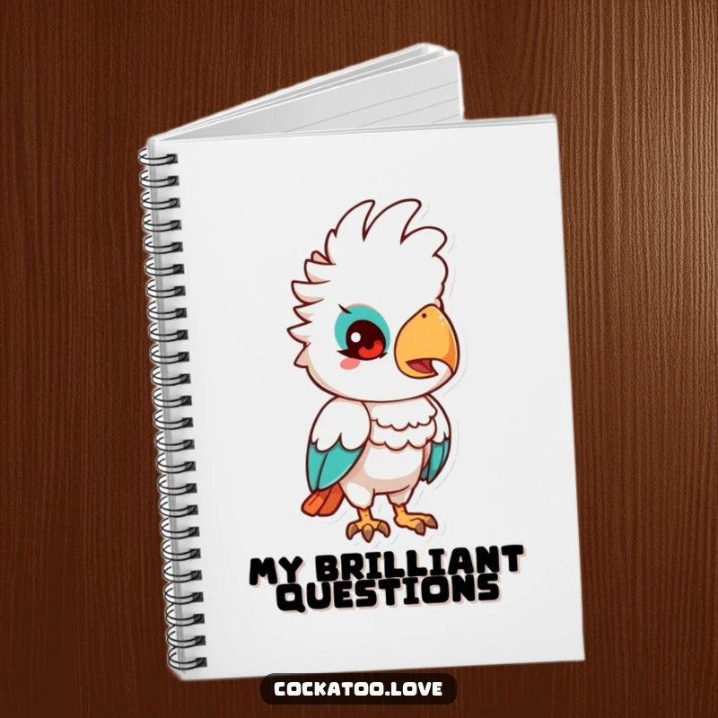 Funny Quizzical Cockatoo Notebook: A notebook with a cockatoo character tilting its head quizzically, ideal for notes and ideas.