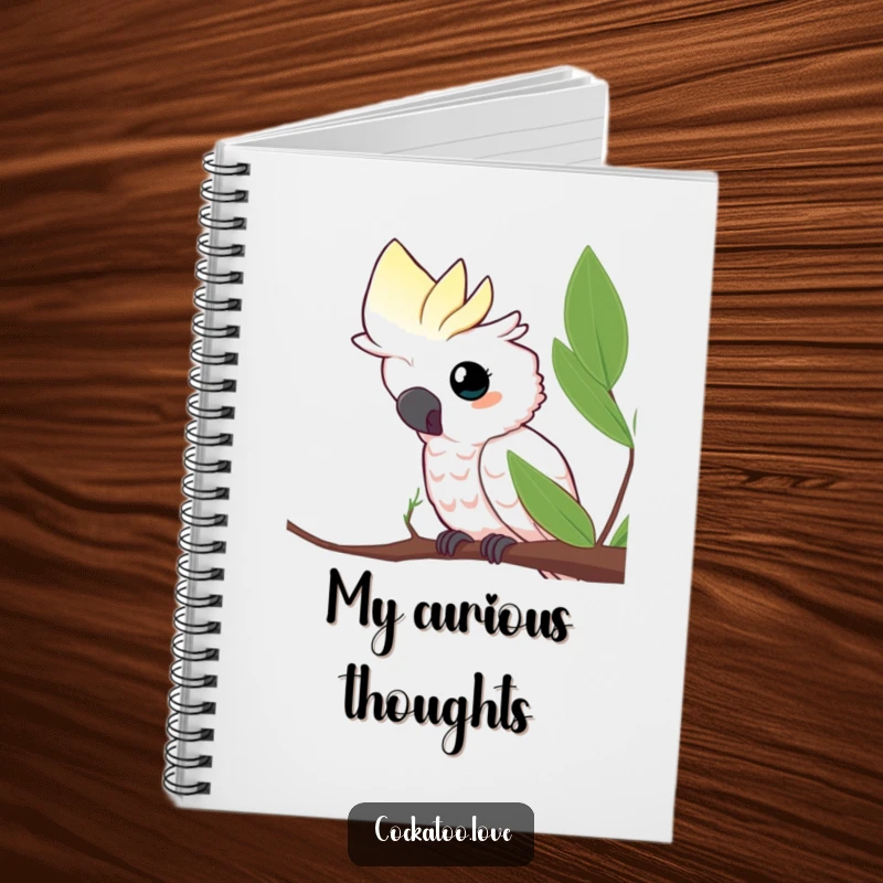 Funny notebook featuring a curious cockatoo peeking from behind a leaf, ideal for jotting down observations, a practical and funny gift.