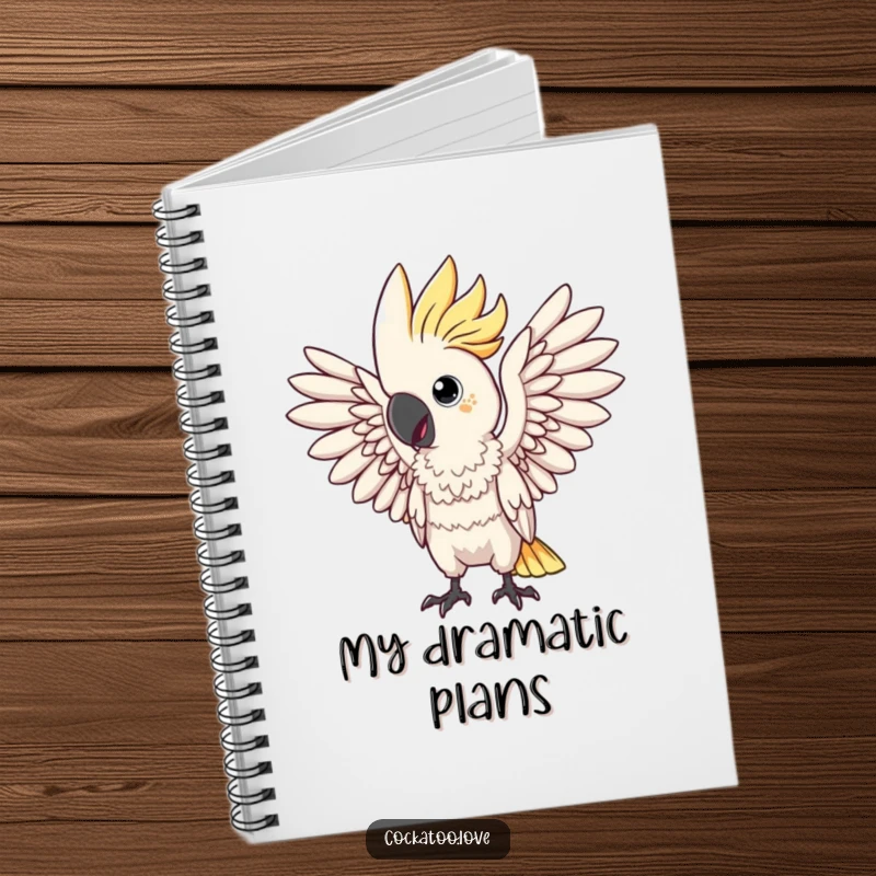 Funny notebook with a dramatic cockatoo bird striking a pose with wings spread. This stationery is for the theatrical writer.
