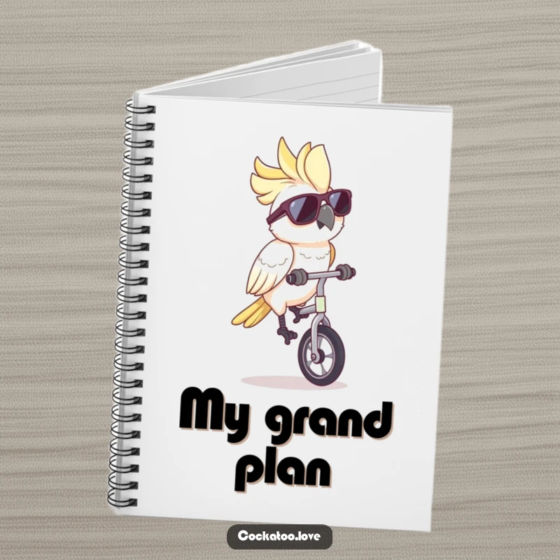 Funny cockatoo notebook, shades on, riding a unicycle, designed for capturing creative ideas with a touch of avian humor.