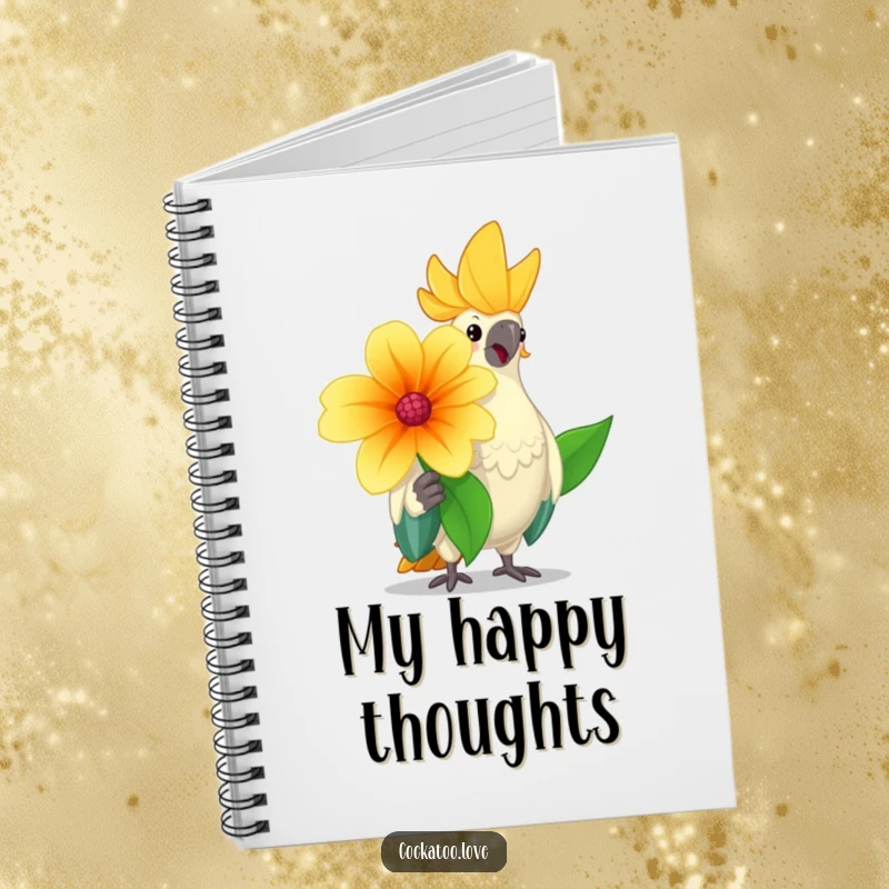 Funny cockatoo notebook with a cheerful bird offering a large flower with a friendly nod, perfect for humorous note-taking.