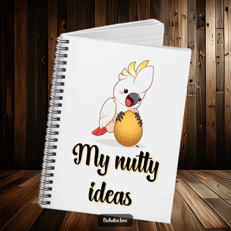 Funny Notebook featuring a happy cockatoo bird pecking at a large seed, for jotting down notes.