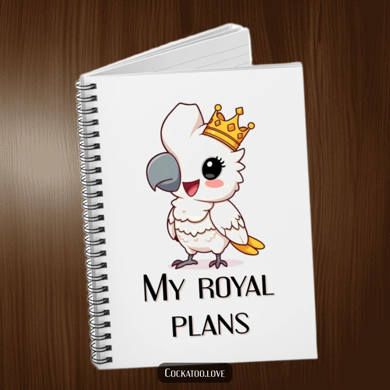 Funny cockatoo notebook with a comical regal bird wearing a tiny crown, posing majestically, ideal for humorous journaling.