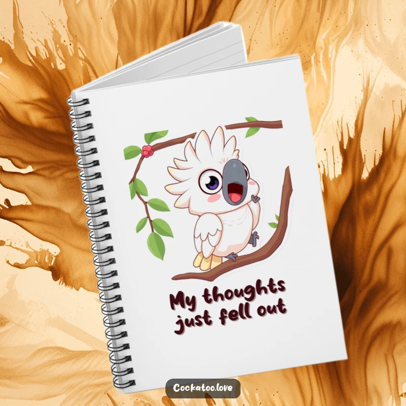 Funny notebook cover featuring a surprised cockatoo with wide eyes, comically tumbling from a branch.