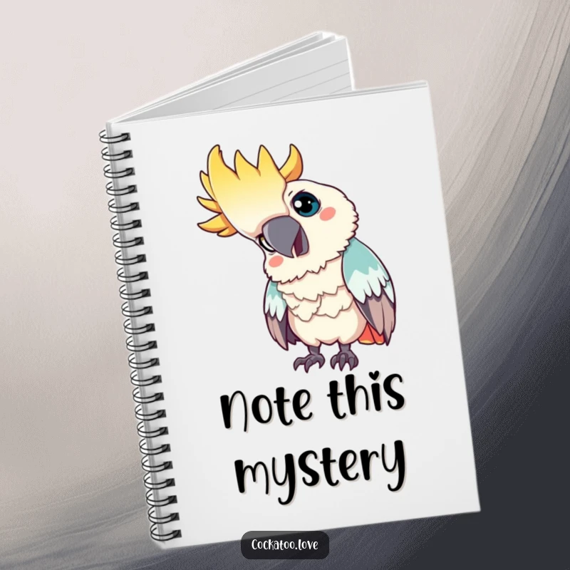 Funny notebook: A curious cockatoo tilts its head, looking intently, offering a humorous and inspiring companion for note-taking.