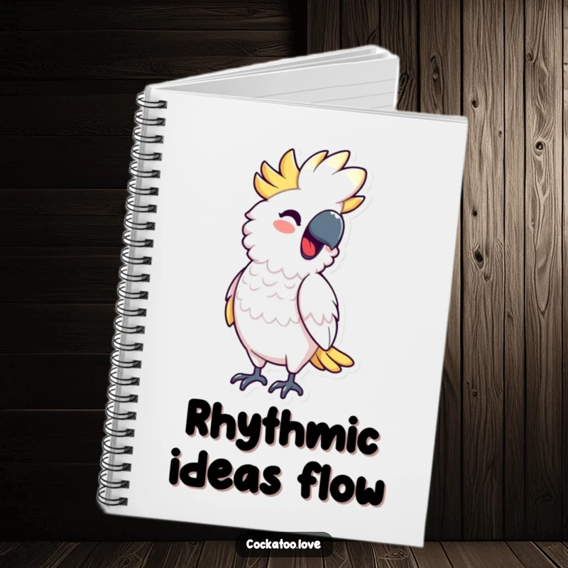 Funny Notebook featuring a cockatoo character bobbing rhythmically with a smile, ideal for capturing musical ideas and a charming funny gift.