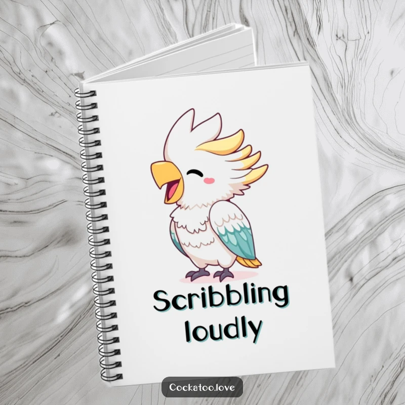 Funny cockatoo notebook with a cheerful bird and a bright beak squawking with delight, perfect for jotting down joyful ideas.