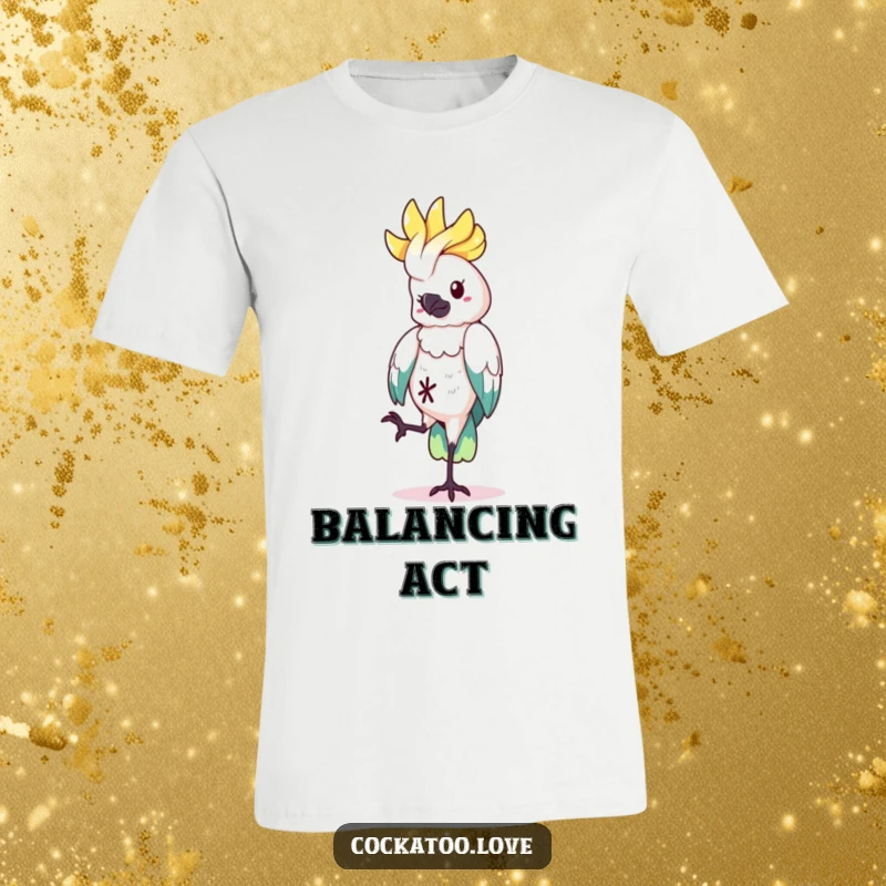 Funny T-Shirt featuring a cockatoo character balancing playfully on one leg, highlighting quirkiness and serving as a funny gift.