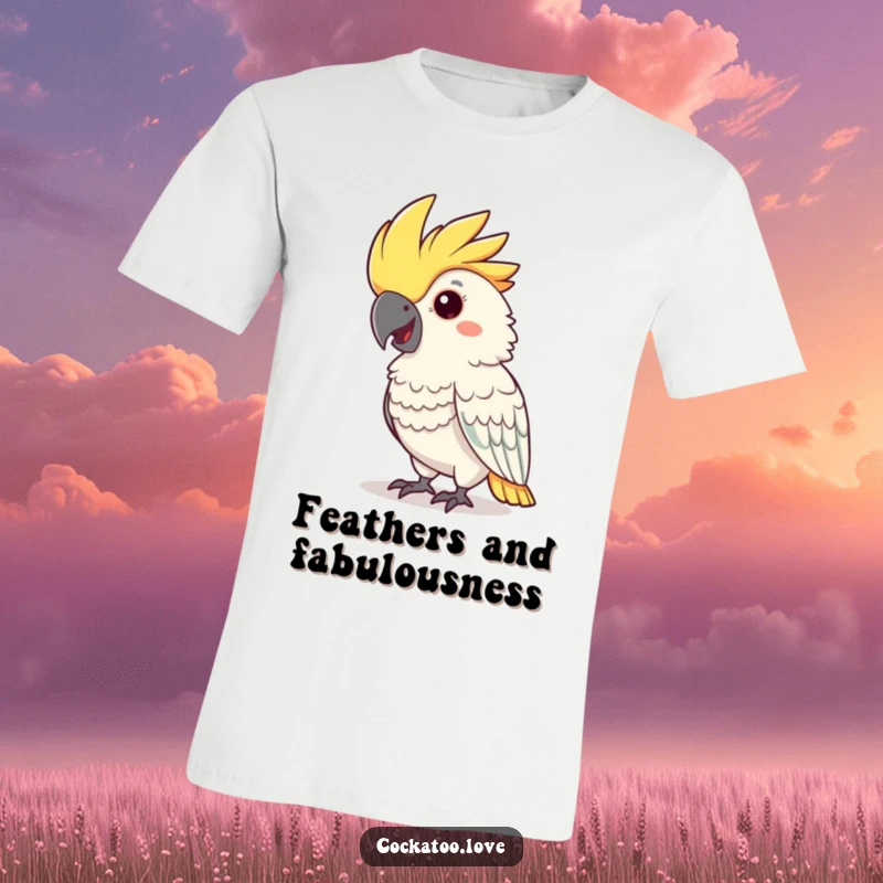 Funny cockatoo t-shirt featuring a cheerful bird with a flamboyant crest giving a comical nod.