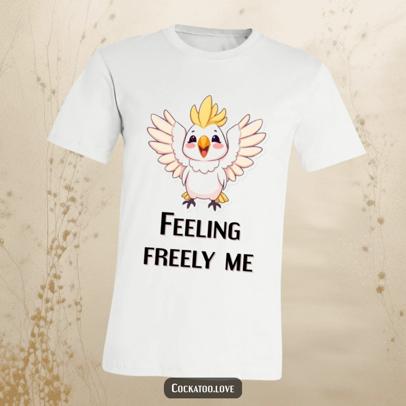 Funny t-shirt with a cockatoo character spreading its wings wide in a joyful, exuberant expression of happiness.