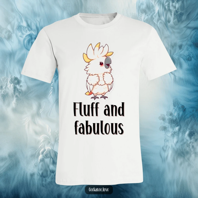 Funny Fluffy Cockatoo T-Shirt showing a delightful cockatoo preening its feathers with an expression of pure happiness and contentment.