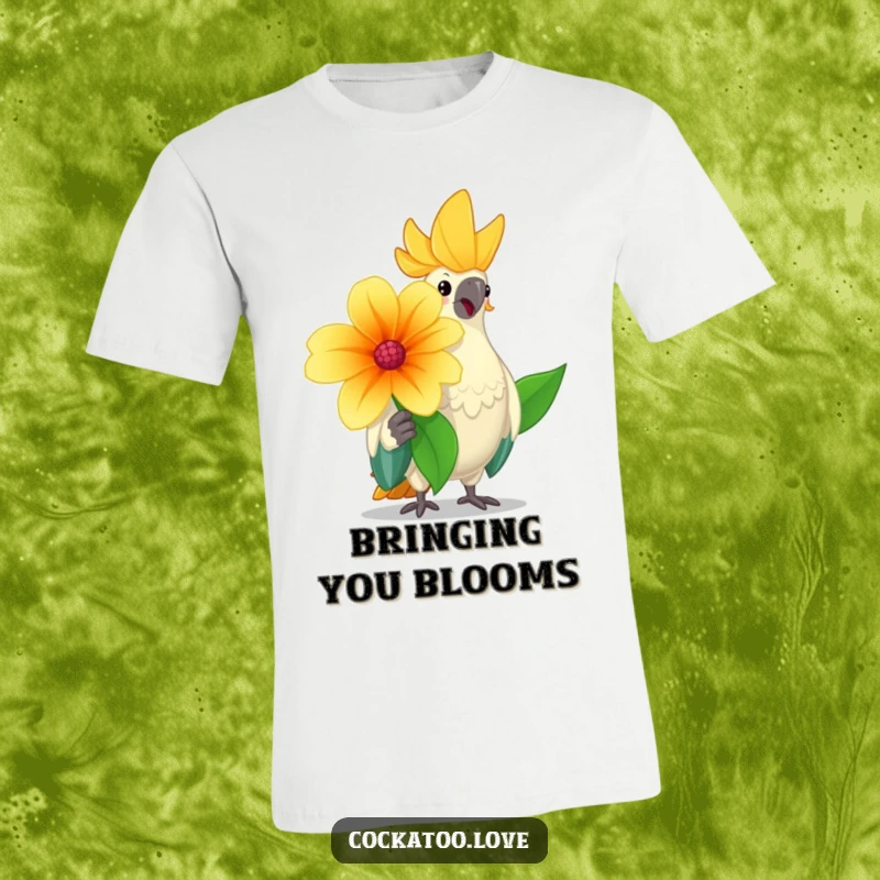 Funny cockatoo t-shirt showing a cheerful bird offering a big flower with a friendly nod, a symbol of pure joy.