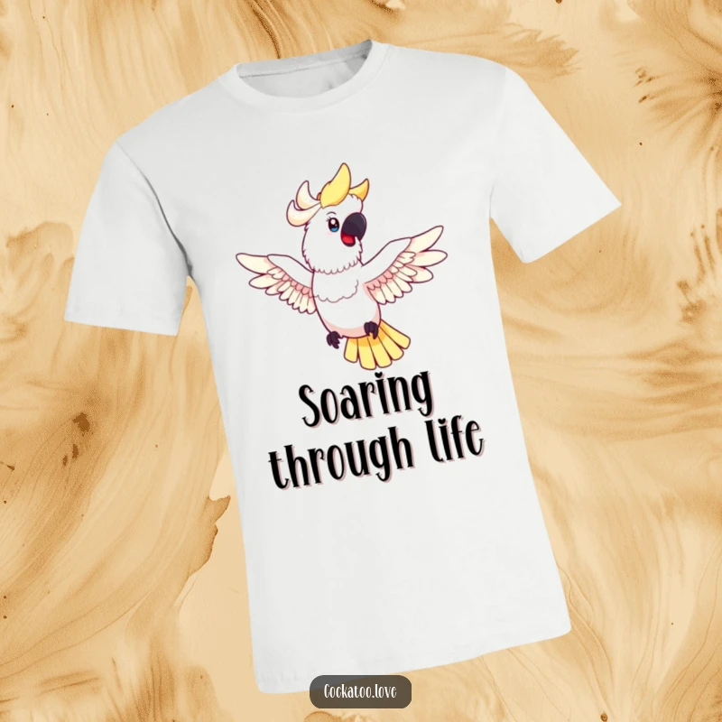 Funny cockatoo t-shirt showing a happy bird with spread wings playfully posing mid-flight, symbolizing liberation and cheerful exploration.