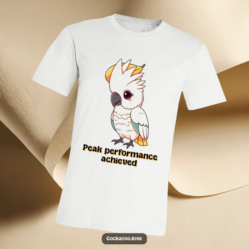Funny t-shirt depicting a determined cockatoo with a focused gaze, balancing a large fruit on its head.
