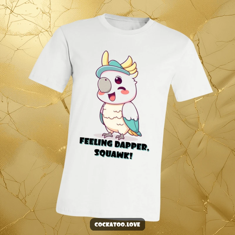 Funny t-shirt showcasing a cockatoo wearing a small hat, joyfully squawking with immense glee.