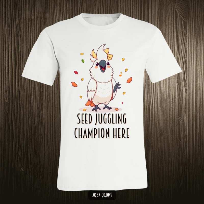 Funny cockatoo t-shirt showcasing a gleeful bird artistically juggling a rainbow of seeds with impressive skill.