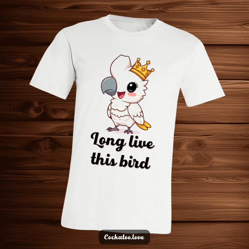 Funny cockatoo t-shirt featuring a comical bird wearing a small crown and posing regally, a hilarious addition to any wardrobe.