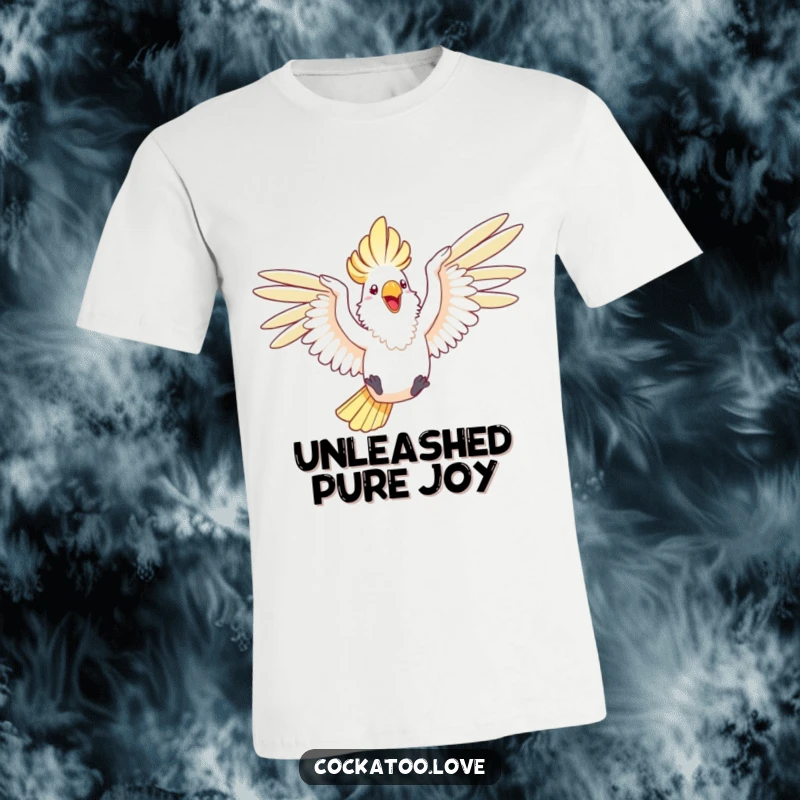 Funny t-shirt depicting a happy cockatoo with wings outstretched, joyfully leaping through the air.