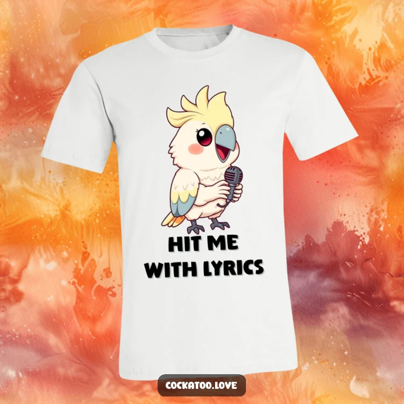 Funny cockatoo t-shirt featuring a happy bird holding a small microphone, ready to perform.