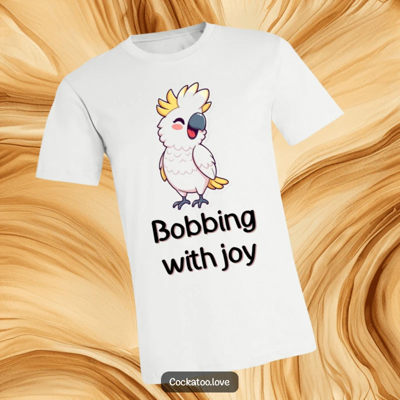 Funny T-Shirt featuring a cockatoo character bobbing rhythmically with a smile, conveying joy and movement, a great funny gift.