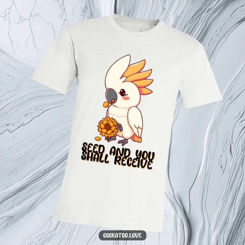 Funny cockatoo t-shirt showcasing a gentle bird character offering a single, tempting sunflower seed treat.