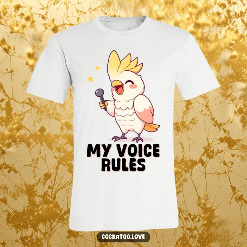 Funny t-shirt with a gleeful cockatoo character mimicking a triumphant singer with passion and flair.