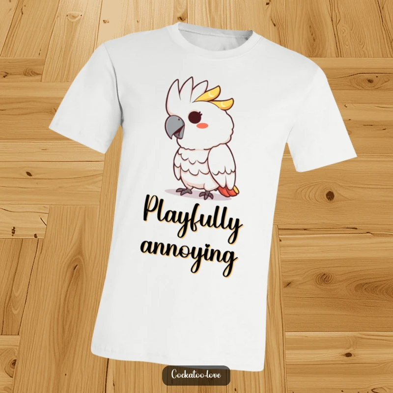 Funny t-shirt with a cockatoo character sporting a mischievous grin and playfully pecking.