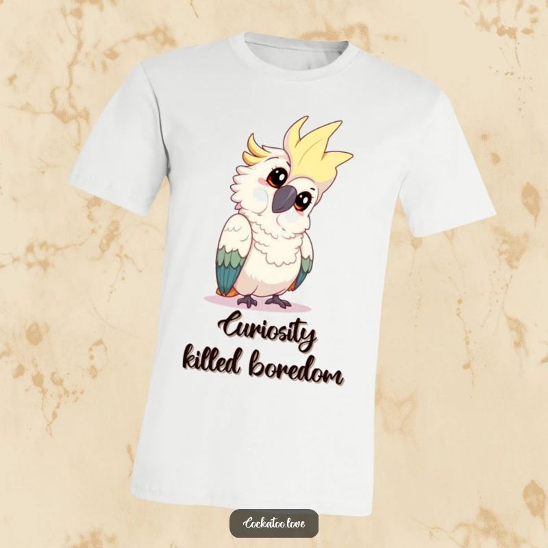 Funny cockatoo t-shirt with a playful bird tilting its head with an inquisitive look, capturing a moment of thoughtful wonder.