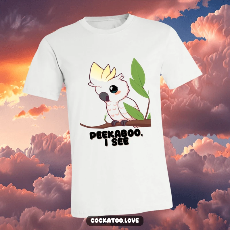Funny t-shirt depicting a curious cockatoo peeking from behind a leaf, showcasing playful observation and a great funny gift.