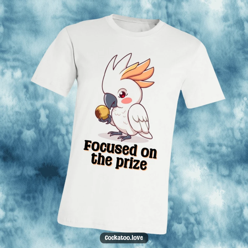 Funny T-Shirt with a determined cockatoo character intensely pecking at a seed, a humorous depiction of focus and a great funny gift.