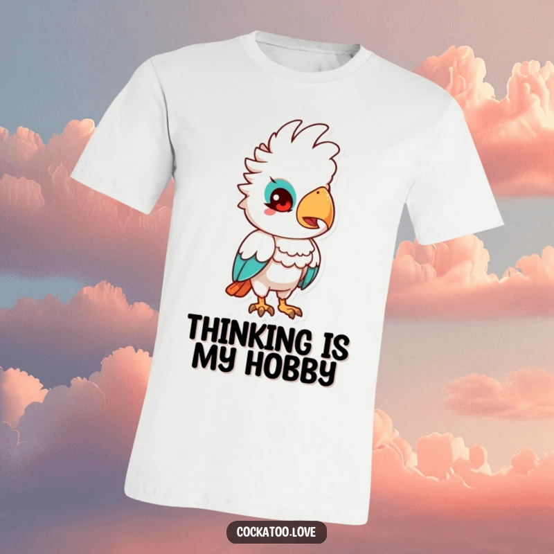 Funny Quizzical Cockatoo T-Shirt: A cockatoo bird tilting its head with a puzzled, curious expression, inviting thought.