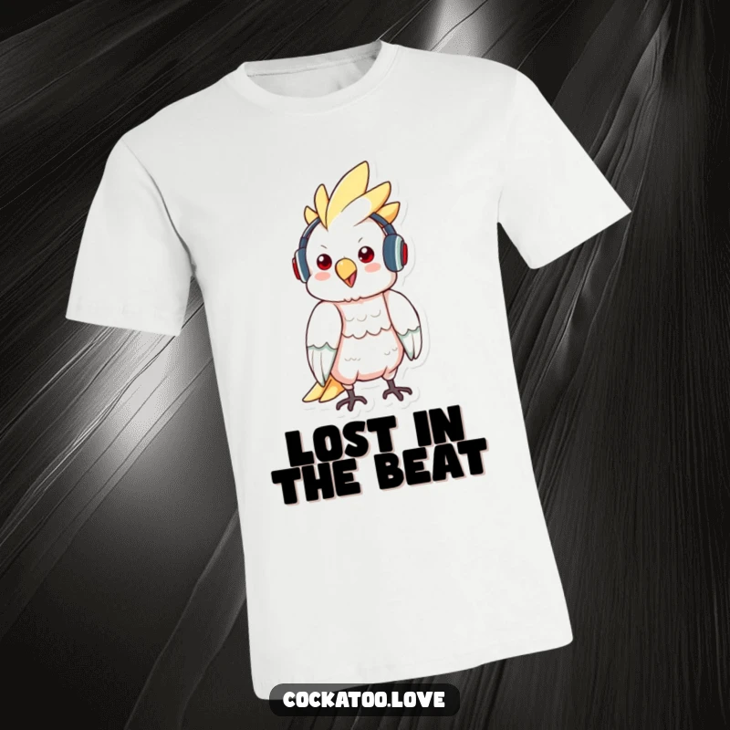 Funny t-shirt featuring a cockatoo character wearing small headphones and bopping to music, showcasing a love for rhythm.