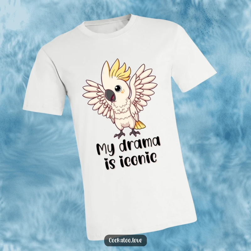 Funny t-shirt depicting a cockatoo bird in a highly dramatic pose, wings extended, ready for applause. This avian is pure showmanship.