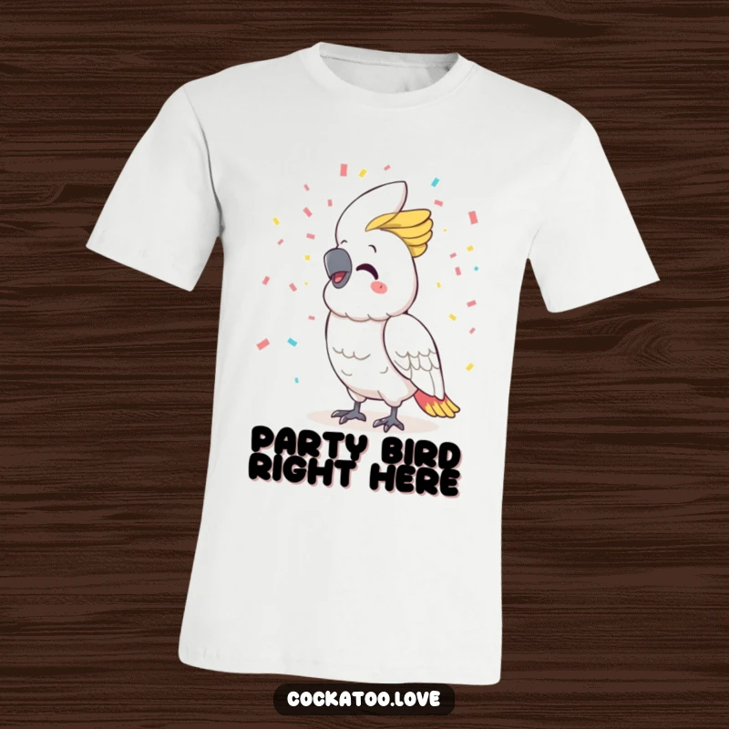 Funny cockatoo t-shirt, big smile, joyfully scattering confetti, conveying an infectious sense of celebration and happiness.
