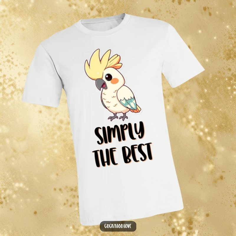Funny cockatoo t-shirt, showing a bird with its crest comically puffed up, conveying an exaggerated sense of pride.