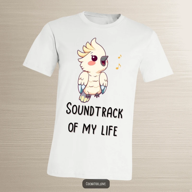 Funny Cockatoo T-Shirt: A happy cockatoo whistles a cheerful tune, with musical notes floating around its head in a funny design.