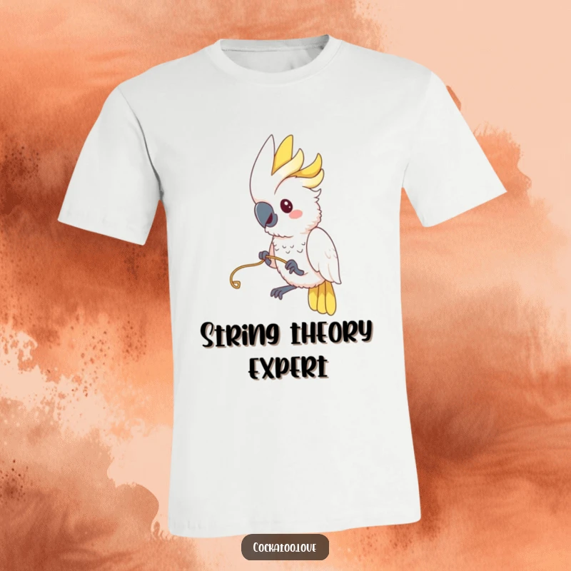 Funny Cockatoo T-Shirt: A cockatoo is shown playfully pulling on a string, embodying a funny, curious, and energetic personality.