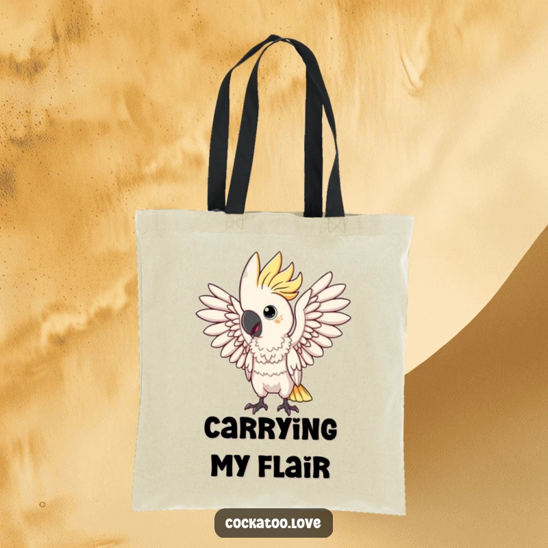Funny tote bag featuring a cockatoo bird in a dramatic pose with outstretched wings. This accessory screams confidence and flair.