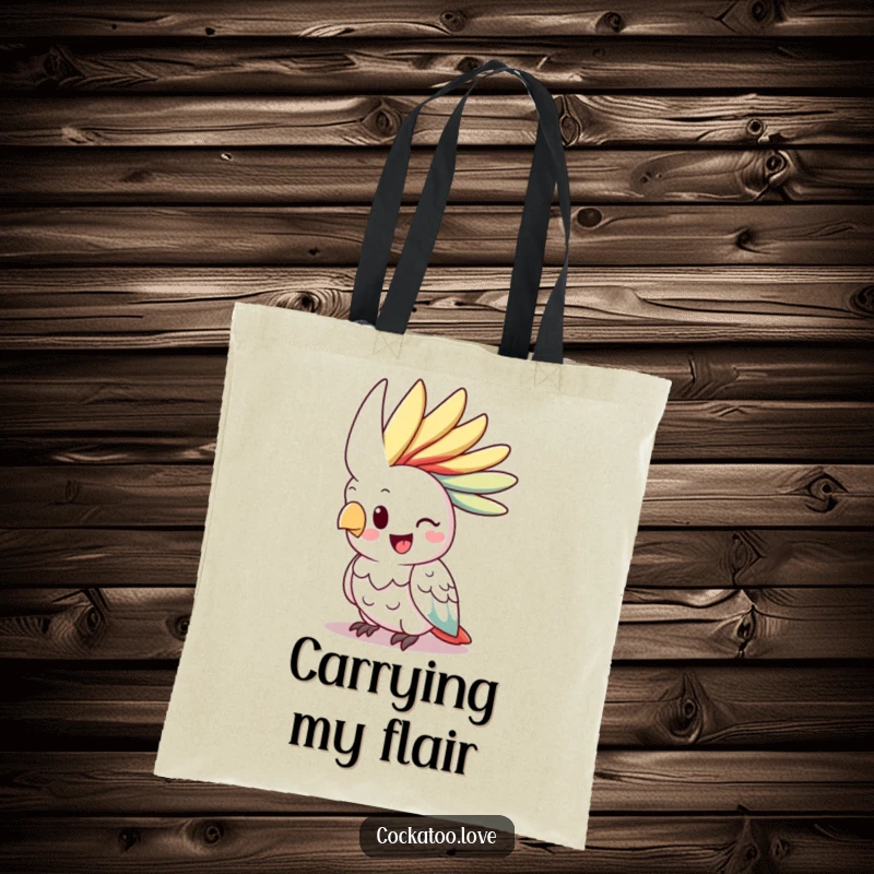 Funny cockatoo tote bag, happy bird with vibrant raised crest, cheerful accessory, carrying positivity and style.