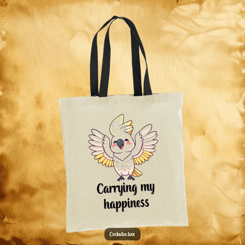 Funny tote bag: A happy cockatoo joyfully stretches its wings wide, perfect for bird lovers and anyone seeking a humorous and uplifting accessory.
