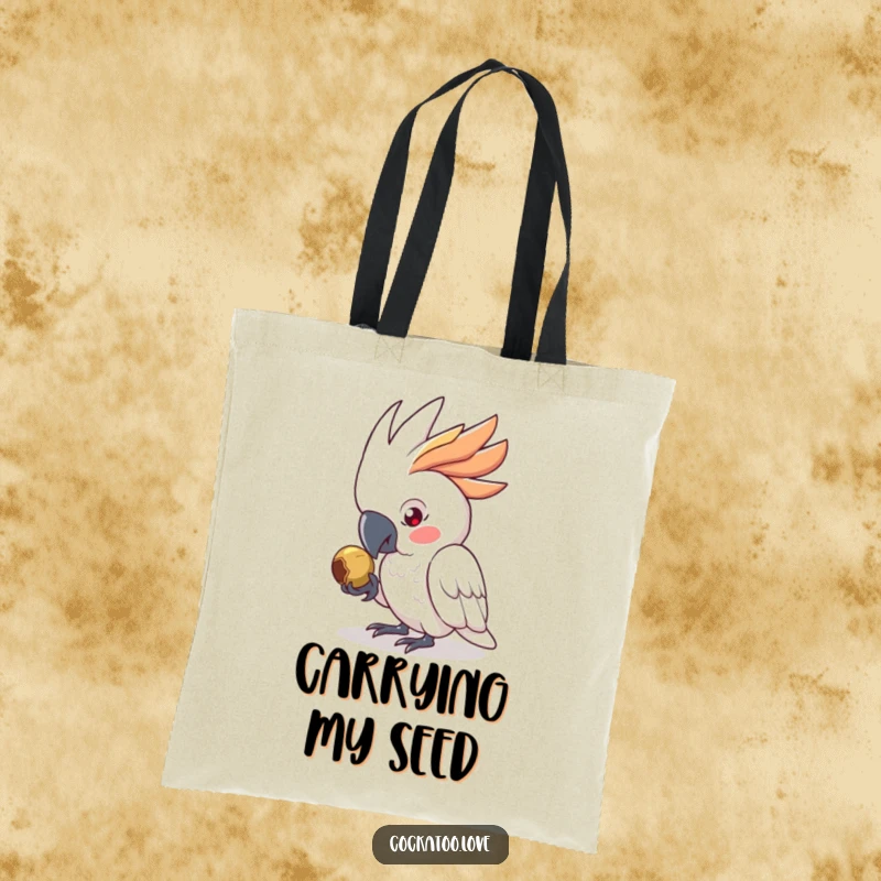 Funny Tote Bag featuring a determined cockatoo character focused on pecking a seed, conveying humor and practicality as a funny gift.