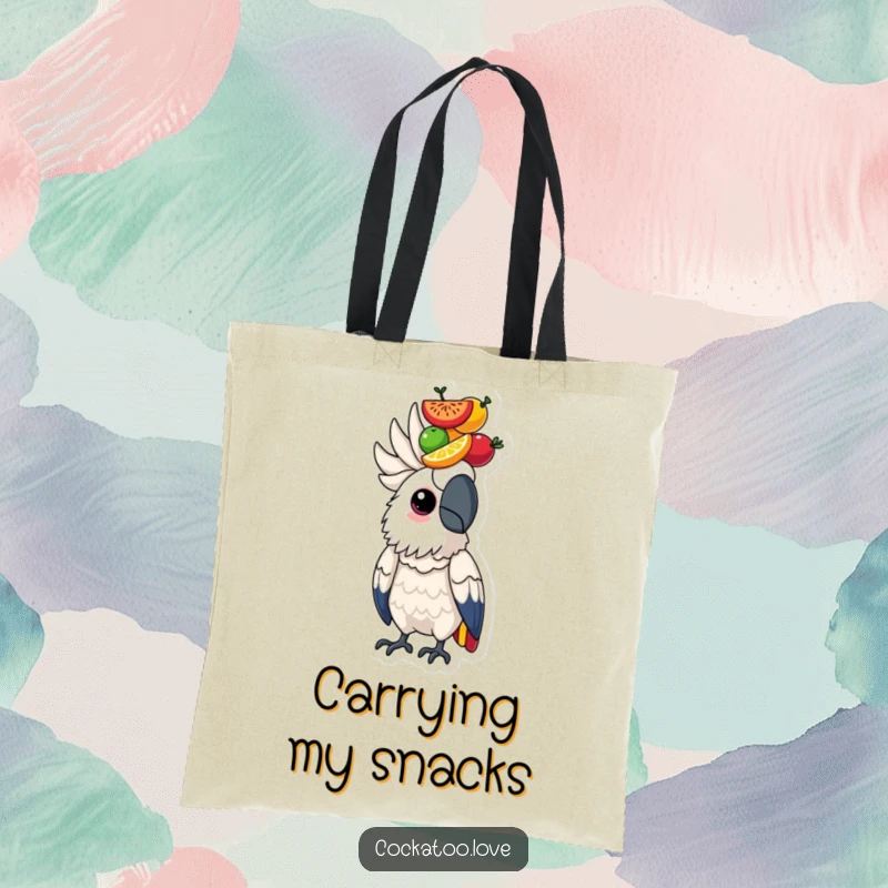 Determined cockatoo bird character balancing a stack of colorful fruits on its head, featured on a tote bag.