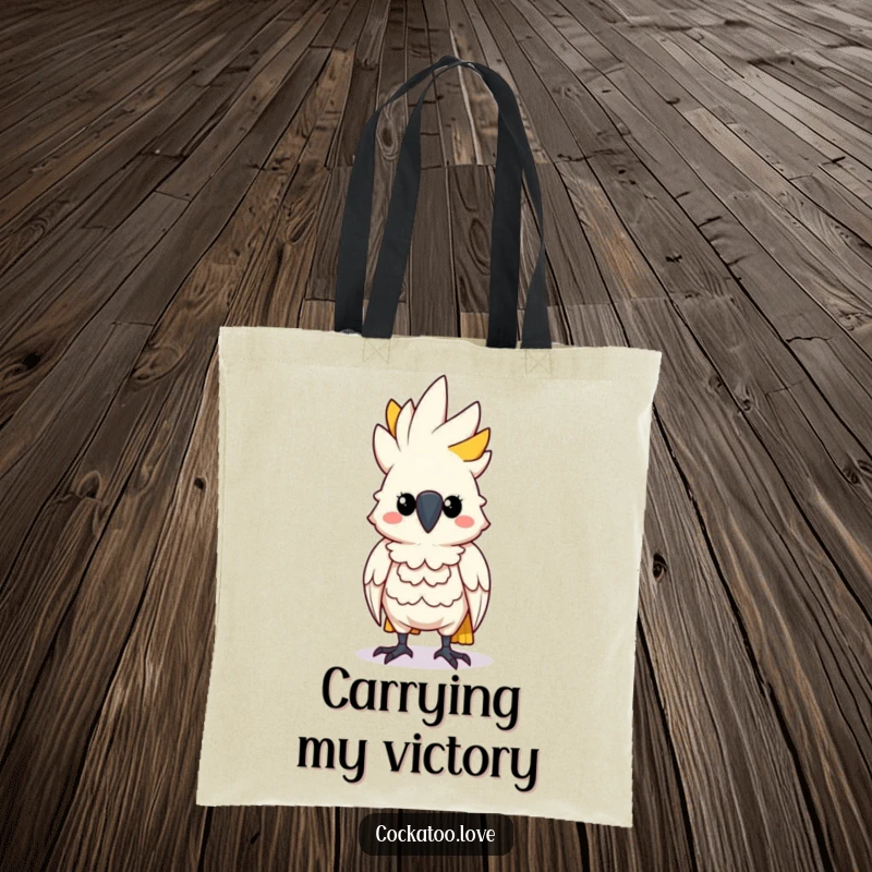 Funny Determined Cockatoo Tote Bag: A cockatoo character standing tall and puffing its chest, radiating confidence and strength.