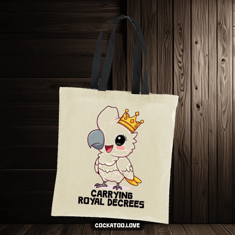 Funny cockatoo tote bag showing a comical bird king wearing a crown, striking a regal pose, ideal for stylish, humorous travel.
